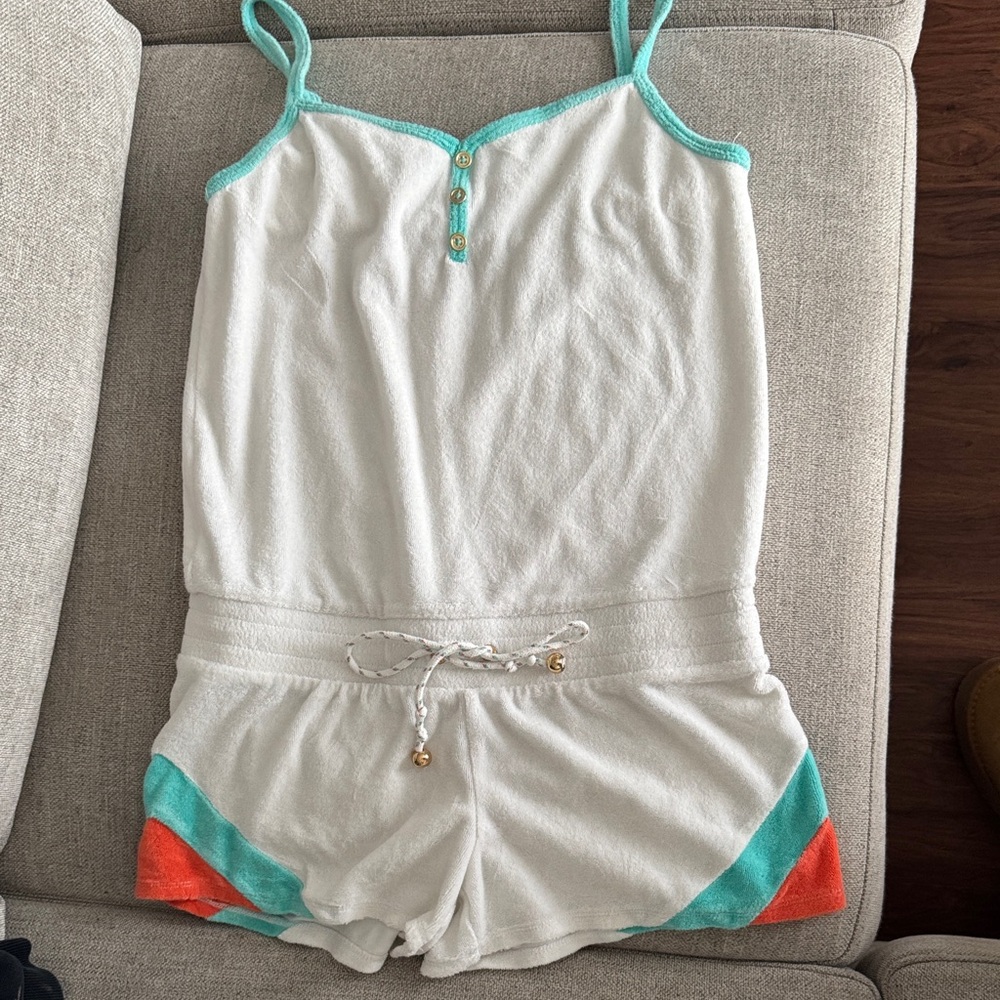 Juicy Couture White Terry Romper with Turquoise & Coral Trim